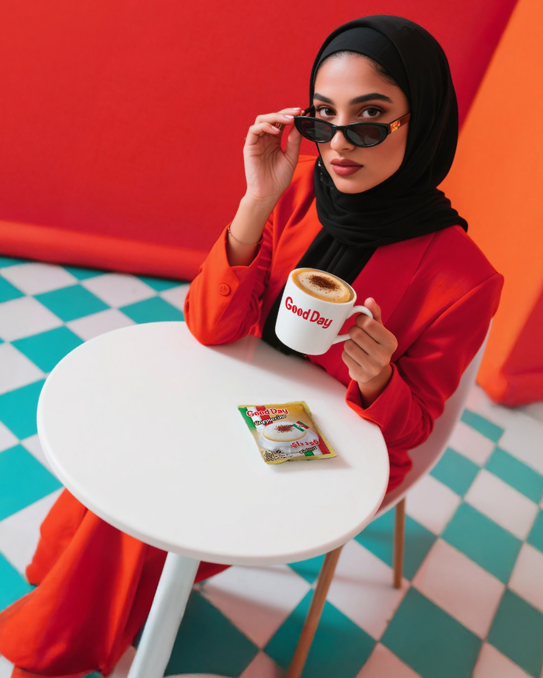 Woman with sunglasses drinking coffee